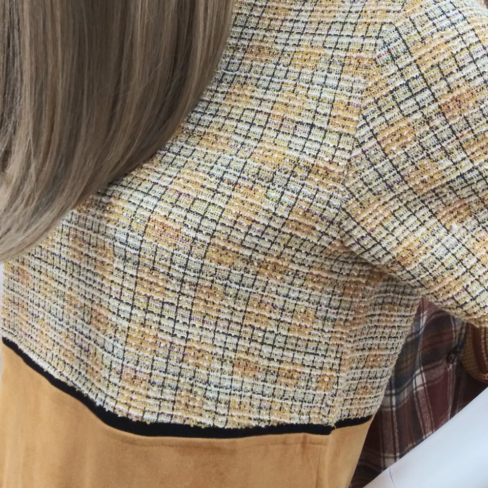 Tweed and Suede Work Dress Office Dress with Side Pockets Gold & Yellow - Picture 14 of 16